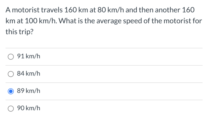 A motorist travels 160 km at 80